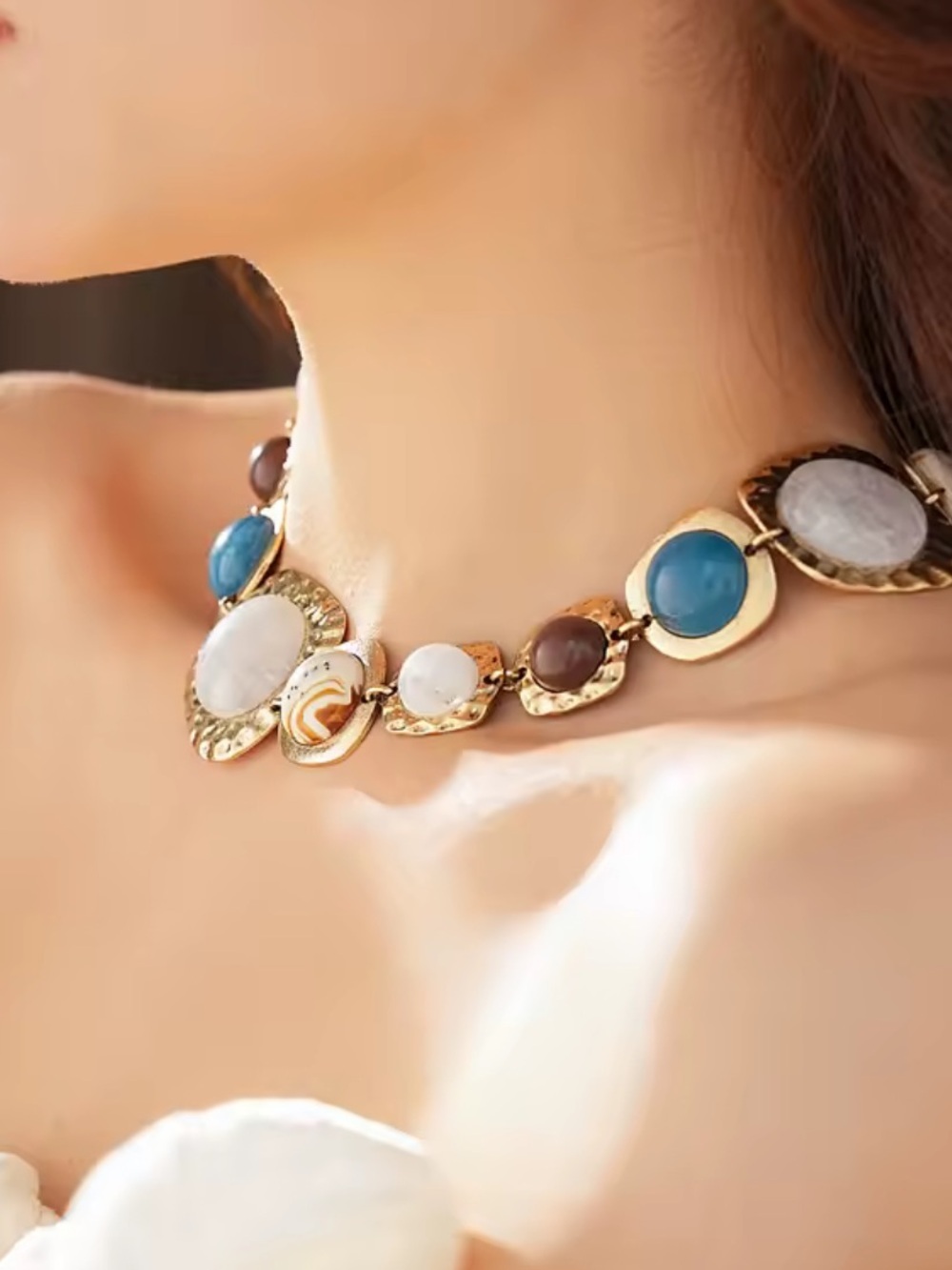 Zara Gold-Tone Necklace with Blue, White & Brown Cabochons